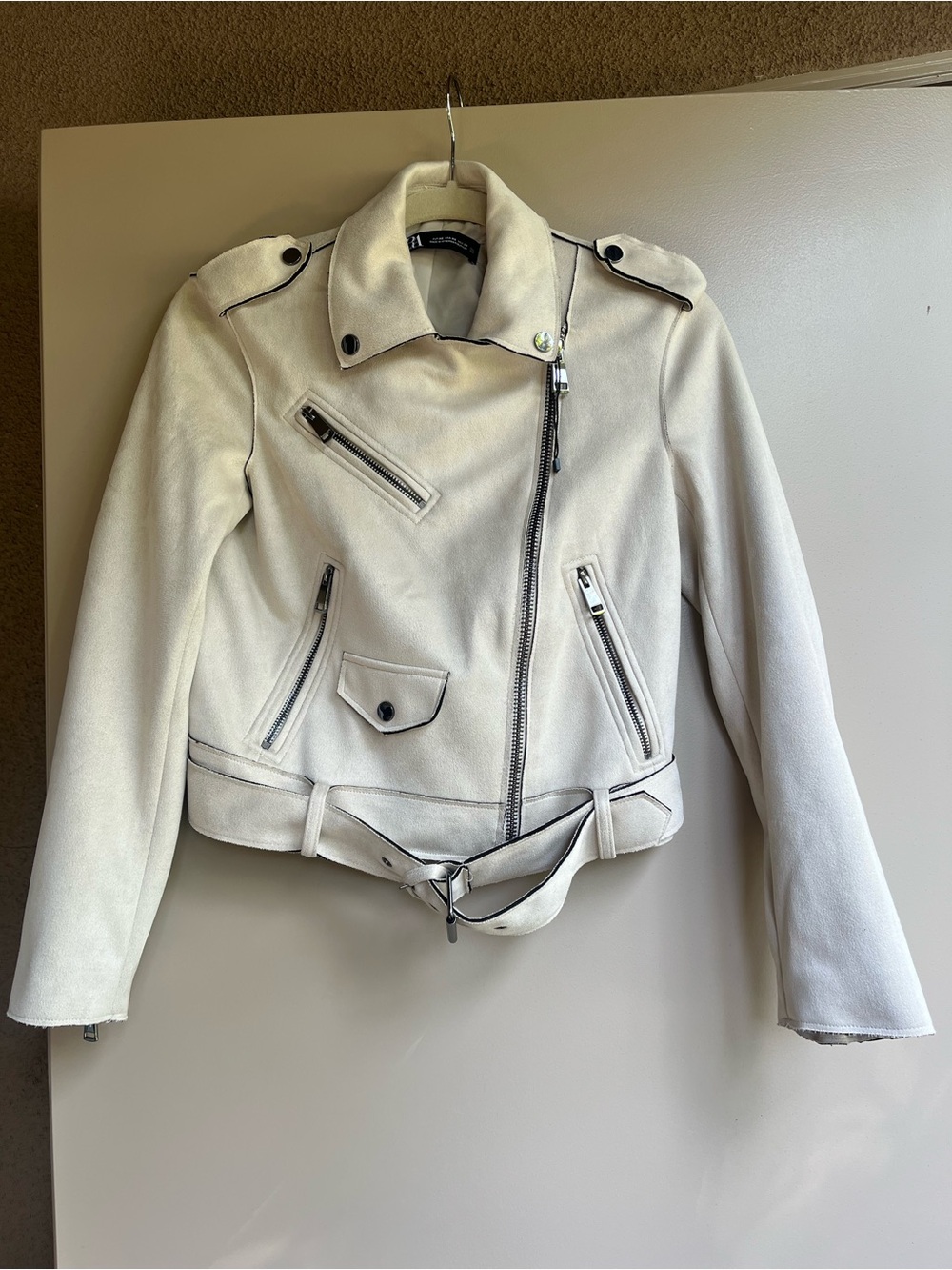 Zara Cream Leather Moto Jacket with Belted Waist Suede sz XS